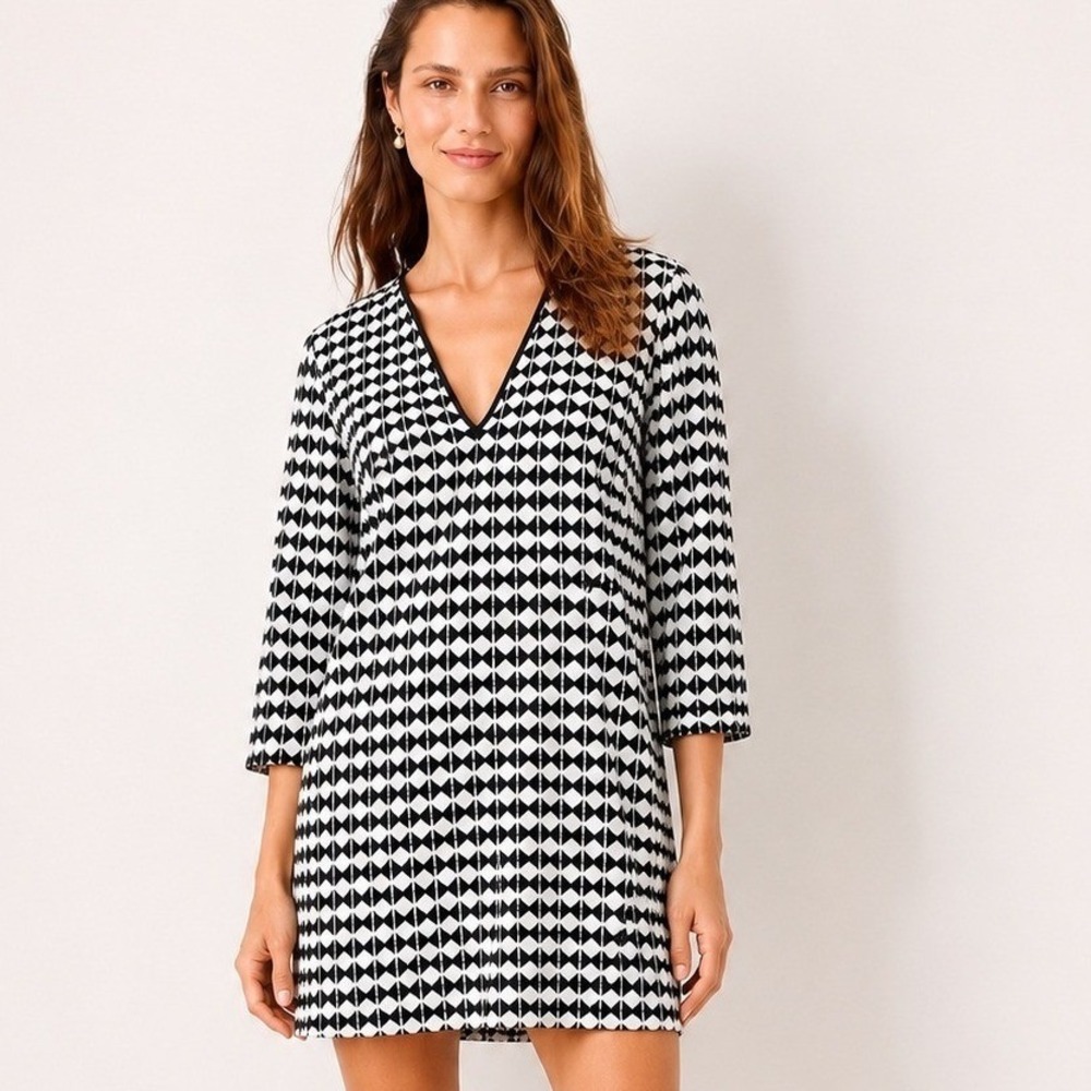 J.Crew Womens Tunic Dress Size M Black White Geometric Cotton Mod V-Neck Resort